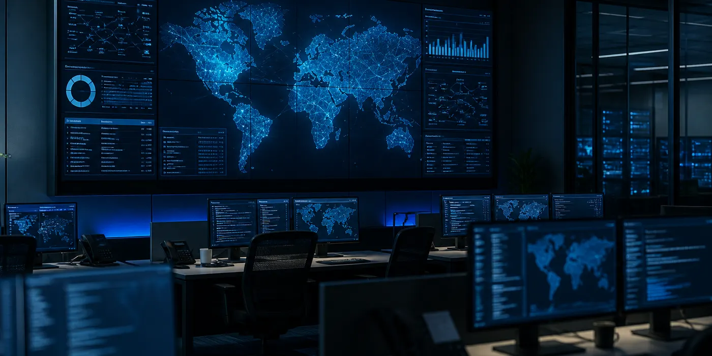 Security operations room with blue network displays used for enterprise research context