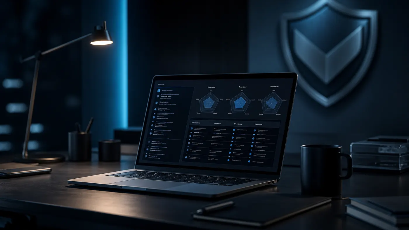 Editorial cybersecurity research desk with laptop charts and cool blue lighting