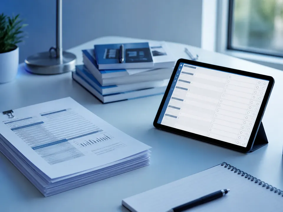 Quiet editorial workspace with research notes and a tablet checklist