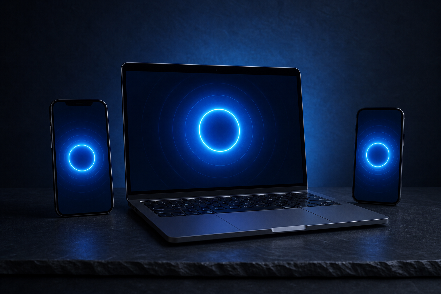 Laptop and phones in a dark studio showing a conceptual protected-connection control