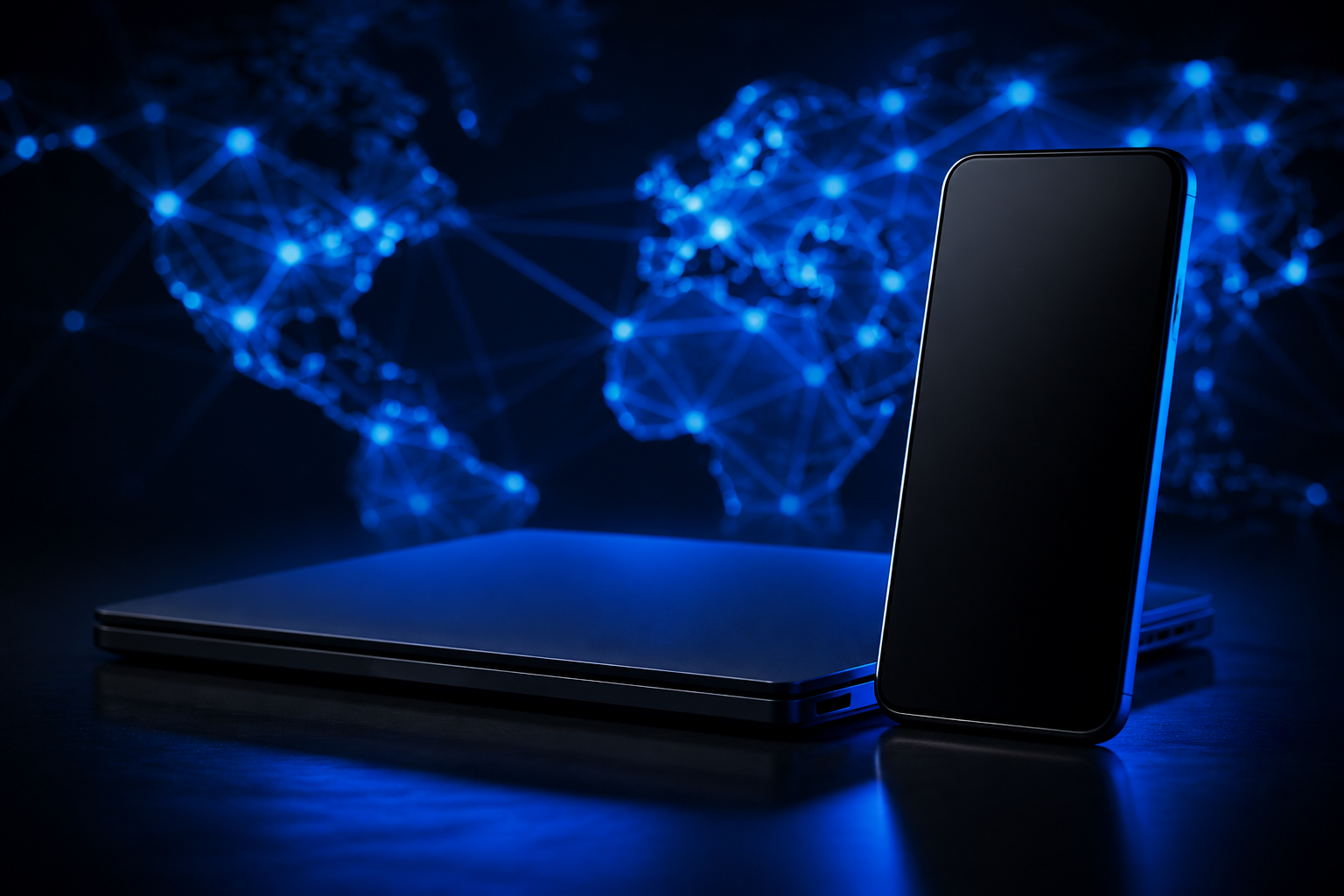 Laptop and phone in a dark navy studio with a glowing world-map network behind them