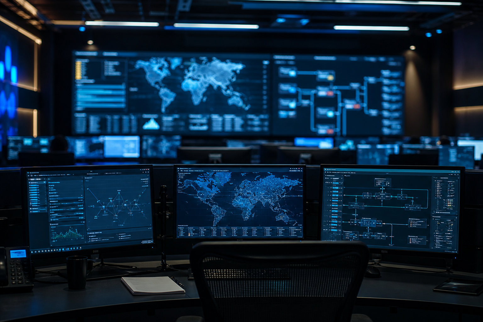 Security operations centre with blue network displays