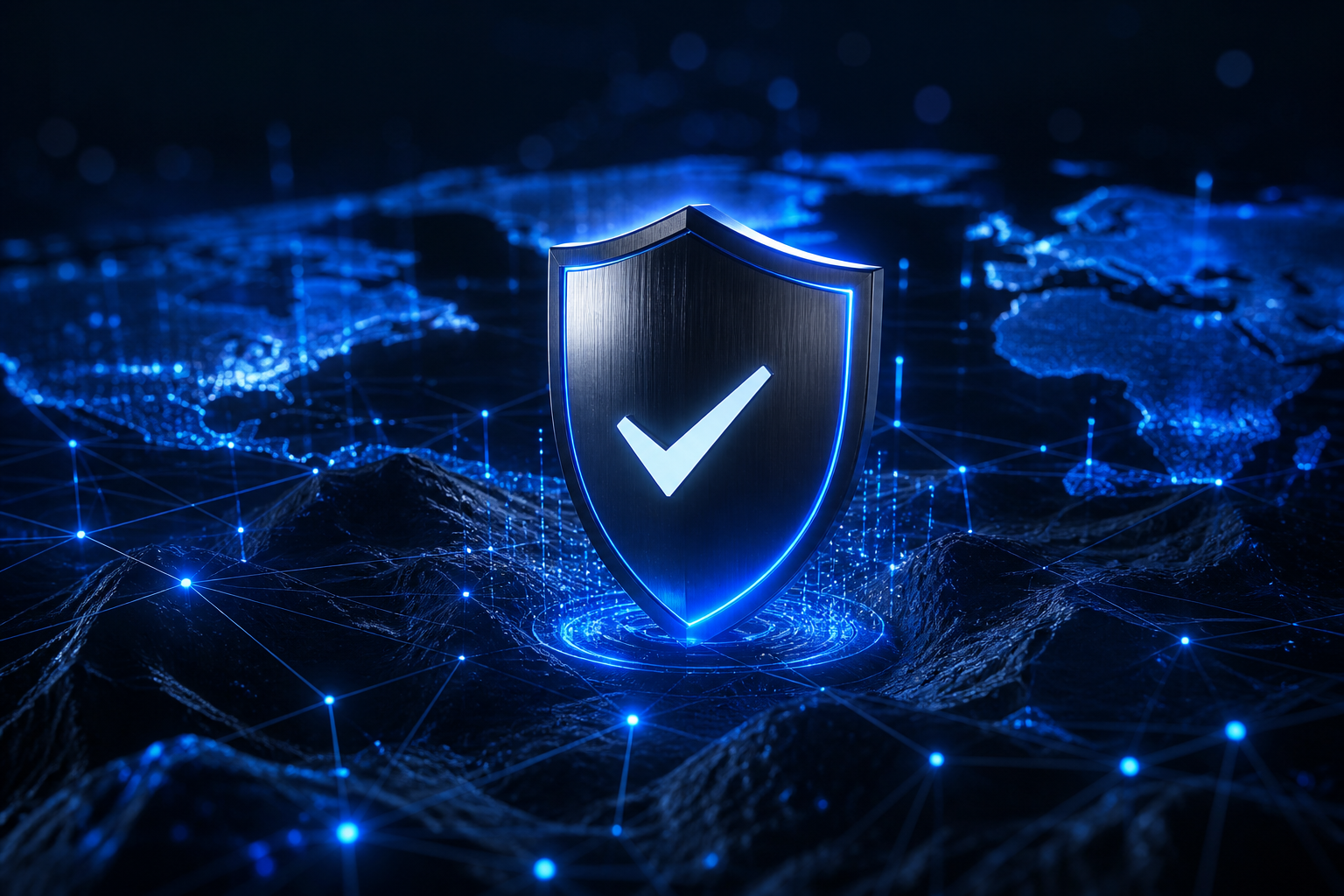 Metallic security shield in a blue-lit digital environment