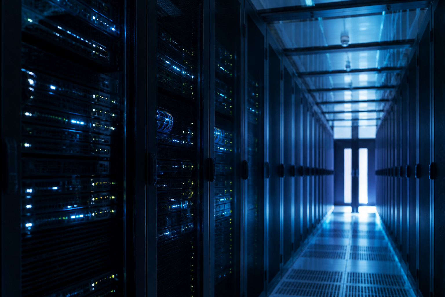 Server corridor with cool blue lighting