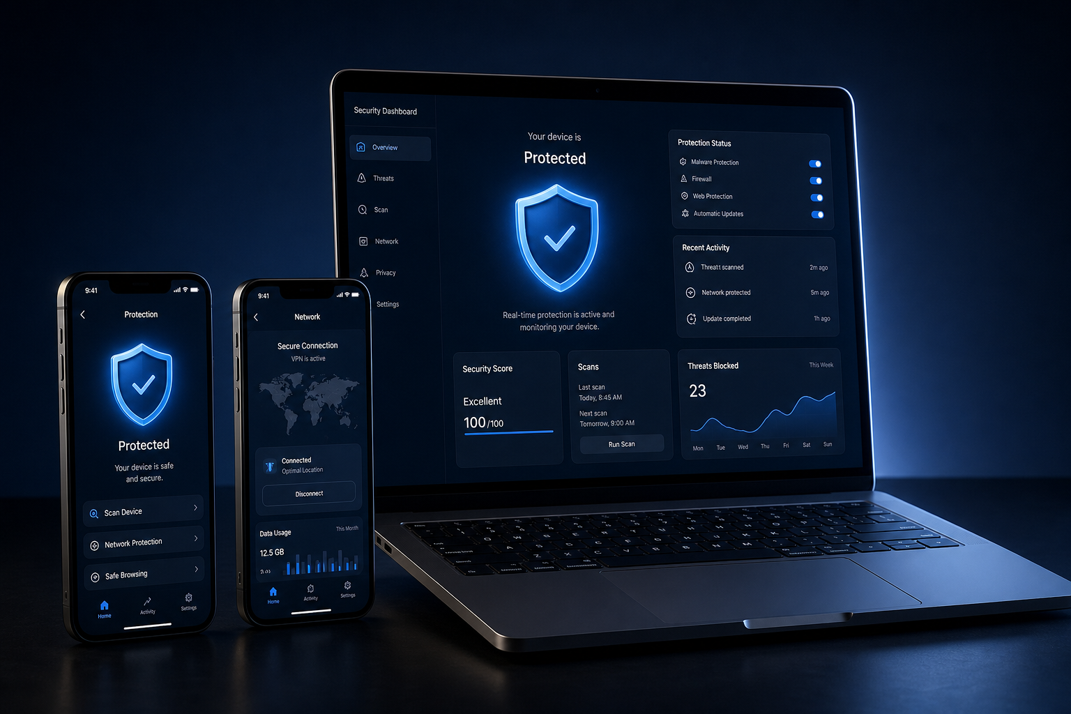 SecShield on a laptop and phones in a dark studio