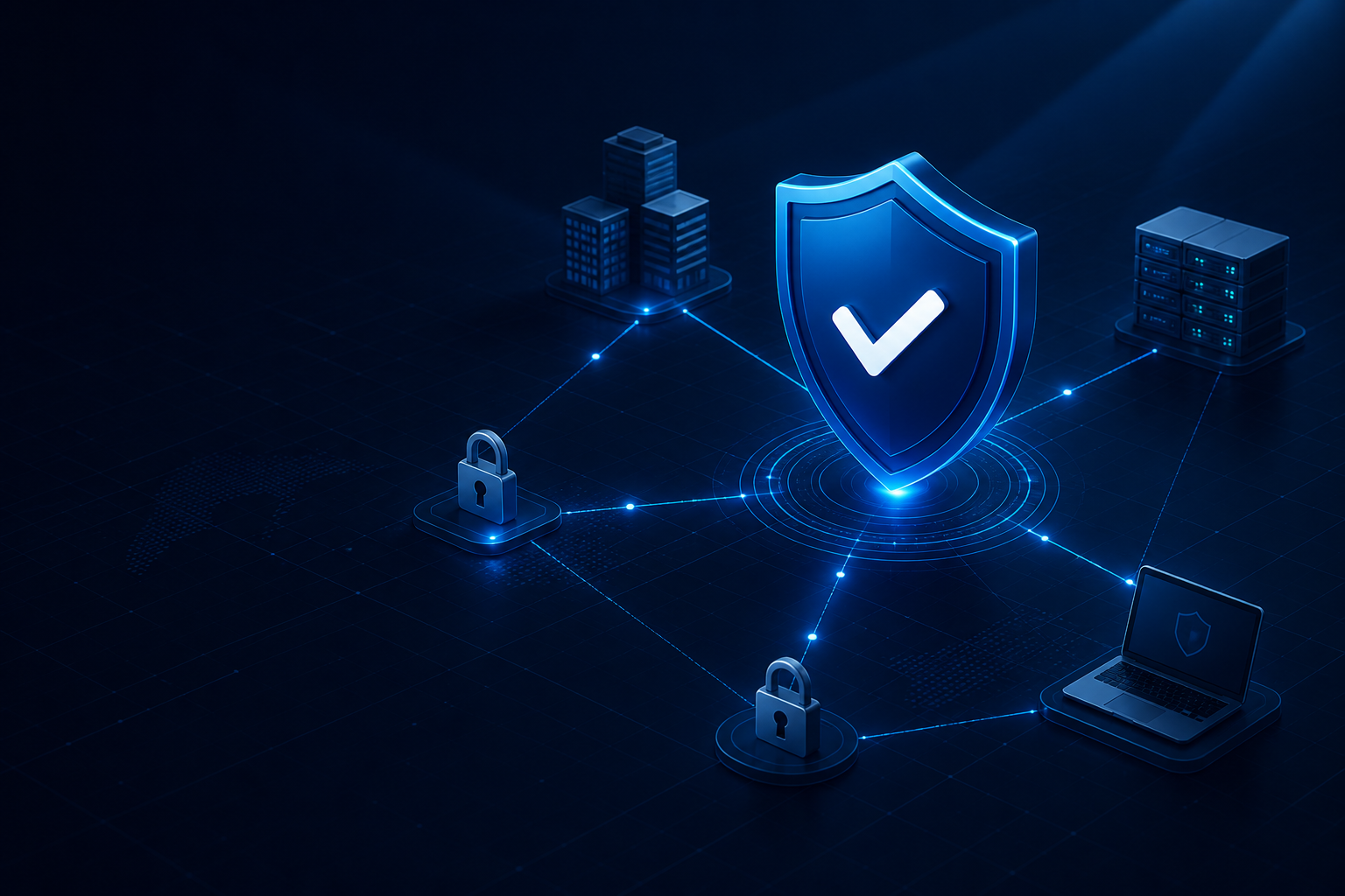 Abstract navy security network with a blue shield for business security planning